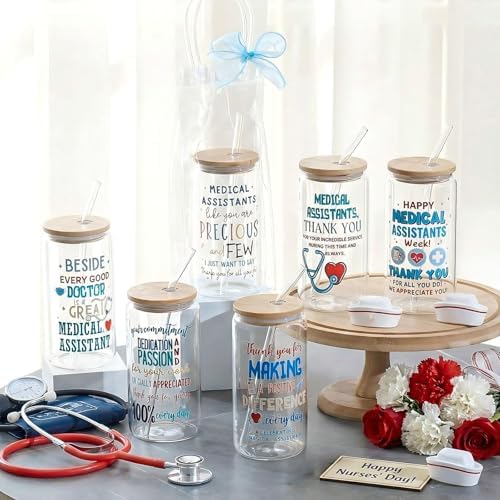 Mumufy 6 Sets Medical Assistants Glass Cups Gifts 16 Oz with Lids Straws - Image 6