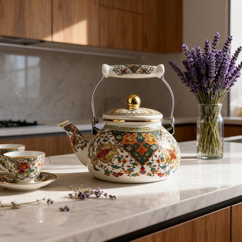 Enamel Tea Kettle 2.5L Vintage Gold Floral Stovetop Teapot Non-Whistling - Image 6