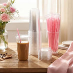 Ziliny 50 Sets Plastic Cups with Pink Heart Straws and Lids, Clear, 20 oz - Image 2