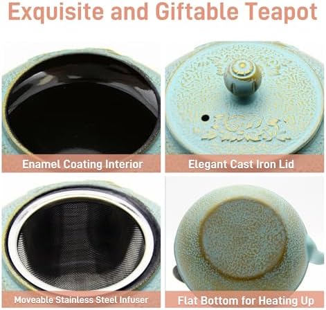 30.4oz Small Cast Iron Tea Kettle,SECHUDO Tea Pot Coated with Enameled Interior for Loose Tea, Cute Cast Iron Teapot with Stainless Steel Infuser for Stovetop Safe (900ml) - Image 5