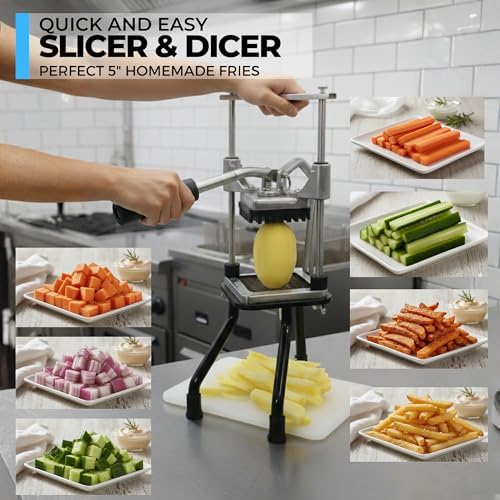 ICO Professional French Fry Cutter & Potato Cutter - Industrial Grade Vertical Potato Slicer for Regular & Sweet Potatoes - 2 Stainless Steel Blades with Universal Pusher & High-Stability Tripod Base - Image 6