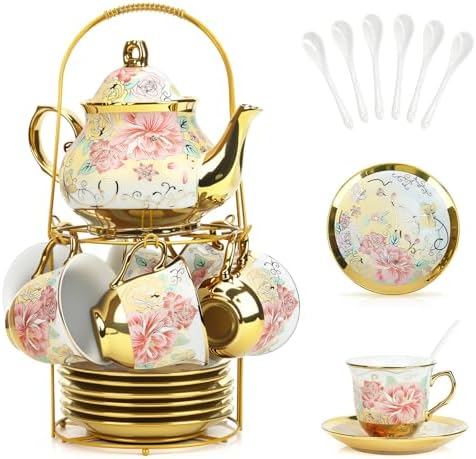 20 Pcs Porcelain Tea Set with Metal Holder and Spoon, European Ceramic Tea Set for Adults, European Flower Painting Teapot Cup Saucer Spoon Set for 6, Gift Pack (Pink and Gold) by YourLifeCollector