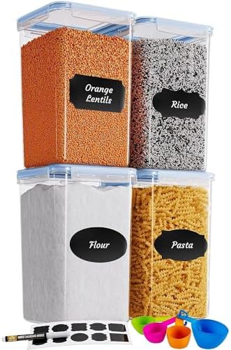 Chef's Path Extra Large Airtight Food Storage Containers with Blue Lid Color, Pack of 4, Kitchen and Pantry Canisters for Flour, Sugar, and Baking Supplies, Includes Measuring Spoons, Labels, and Pen by ChefsPath