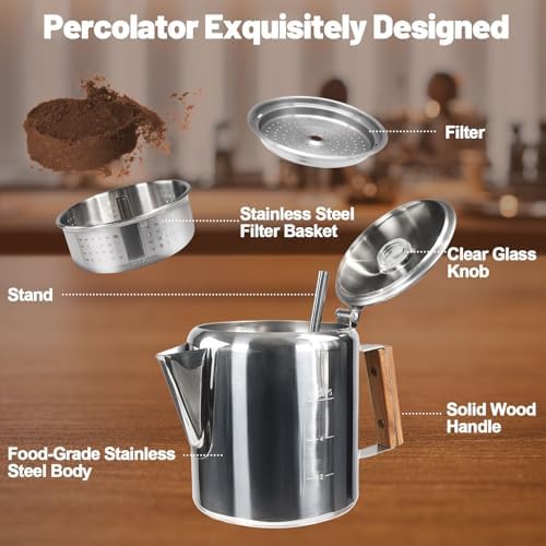6 Cup Percolator 304 Stainless Steel Coffee Pot Coffee Maker Coffee Machine with Solid Wood Handle Transparent Knob Stovetop Greca Mocha for Induction Home and Camping 1000ml 33.8oz - Image 3