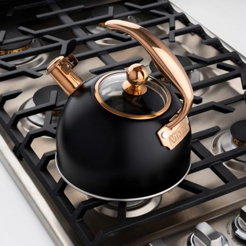 Viking 3-Ply Stainless Steel Tea Kettle, 2.6 Quart Stovetop Hot Water Pot with Tempered Glass Lid, Ergonomic Handle, Induction Ready, Matte Black and Copper - Image 2