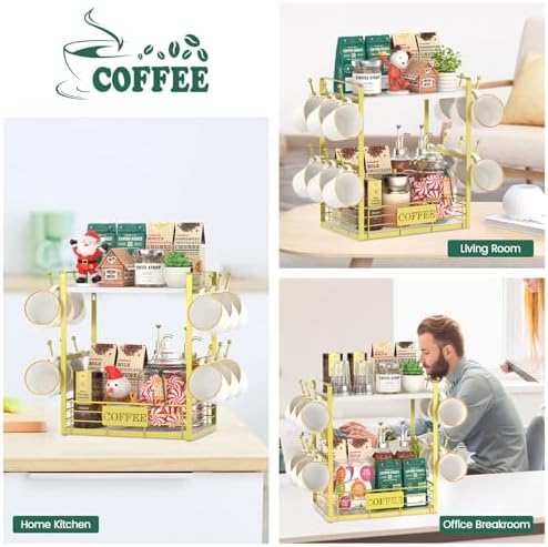 EsLuker.ly Coffee Mug Cup Holder Tree Bar Station Organizer, 2 Tier Gold - Image 6