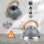 3 Quart Whistling Tea Kettle for Stovetop – Stainless Steel Teapot with Loud Whistle, Cool-Touch Wood Handle, Rust-Resistant Base & Natural Stone Finish (Gray) - Image 3