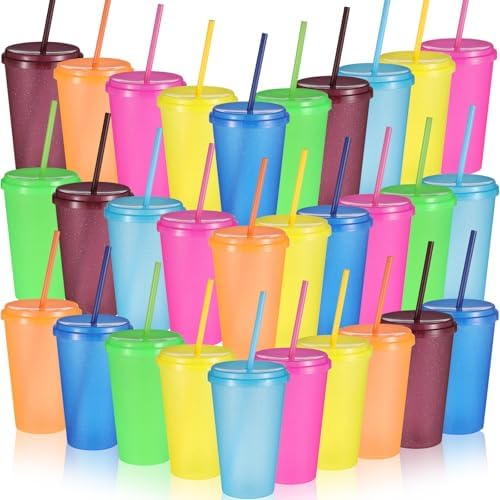 Honeydak 30 Pack Plastic Tumblers with Lids and Straws Bulk, Retro Color by Honeydak