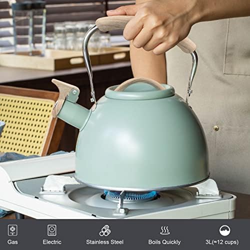 3.2 Quart Whistling Tea Kettle for Stove Top Stainless Steel Tea Pots With Wood Pattern Anti-slip Handle, Green… - Image 2