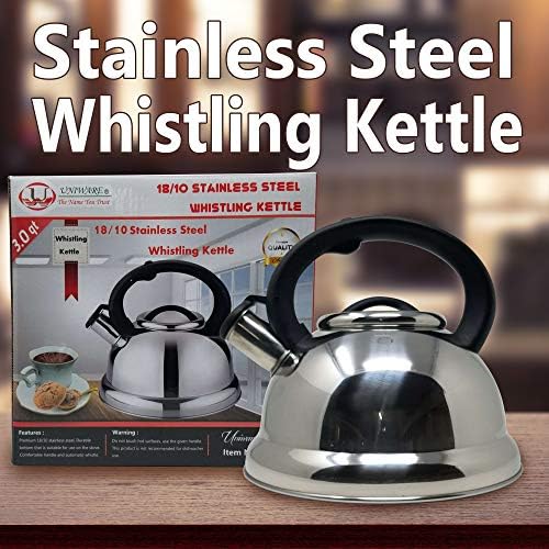 13 Cup Premium Quality 18/10 Food Grade Heavy Gauge Stainless Steel Whistling TEA KETTLE with Ergonomic One Push Soft Grip Handle BY UNIWARE- Stovetop pot 3.0 qt. (Stainless Steel) - Image 2
