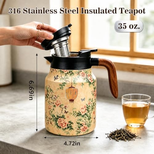 Vintage Teapot with Infuser, 35 oz Insulated Tea Pot for Loose Leaf Tea - Image 3