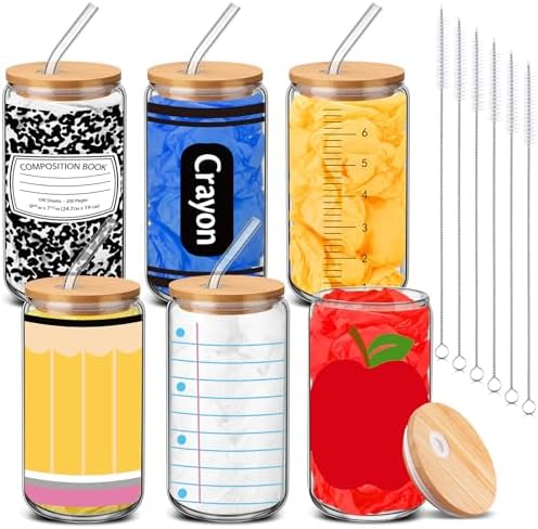 6 Pcs Back to School Gifts 16 oz Glass Cups with Lid and Straw by RimCereal