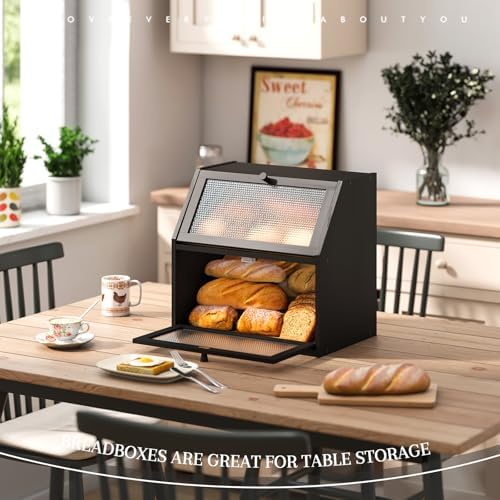 STDDRE Bread Box for Kitchen Countertop Bin Double Layer Bread Box Storage Container Extra Large Capacity with Diamond Pattern Windows (Black, Extra Large) - Image 3