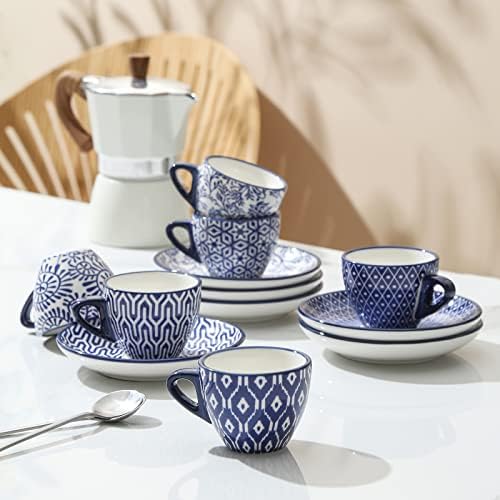 Selamica Ceramic 2 oz Espresso Cups, Small Expresso Coffee Cup Set with Saucers, Porcelain Mini Demitasse Cups for Latte Mocha Tea, Set of 6, Vintage Blue - Image 5