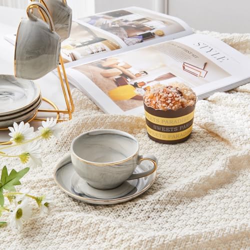 Ceramic Espresso Cups Set with Saucers and Metal Stand, 4 oz Porcelain Stackable Cappuccino Cups Teacup For Tea, Espresso, Latte, Coffee, Cafe Mocha（Gray） - Image 5