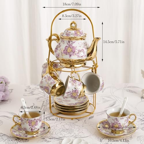 20 Pcs Porcelain Tea Set with Metal Holder European Flower Tea Sets for Adults, Ceramic Tea Party Set European Flower Painting Teapot Cup Saucer Spoon Set for Women, Large Version (Elegant Purple) - Image 4