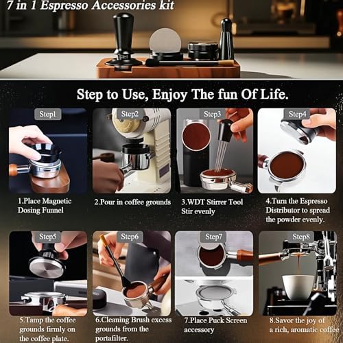 51mm Espresso Accessories Kit, 7PCS Espresso Tamper Set with WDT Tool, Distributor, Dosing Funnel & Tamping Station for Espresso Machine - Image 2