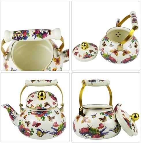 Vintage Enamel Tea Kettle 2.5L Butterfly Boho Floral Stovetop Teapot - Image 4