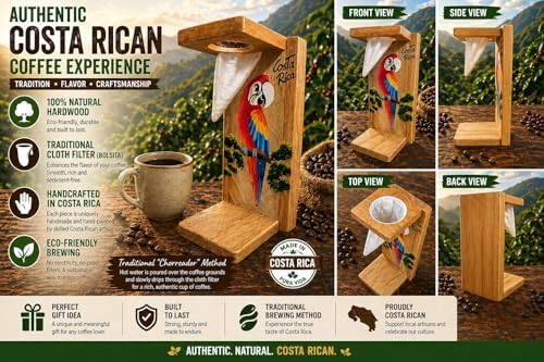 Tapanti store.Chorreador,Costa Rican handcrafted foldable wooden pour-over coffee maker.Includes a reusable cloth filter.Hand painted Macaw wooden design.Light Cedar.Perfect for travel (Red) - Image 3