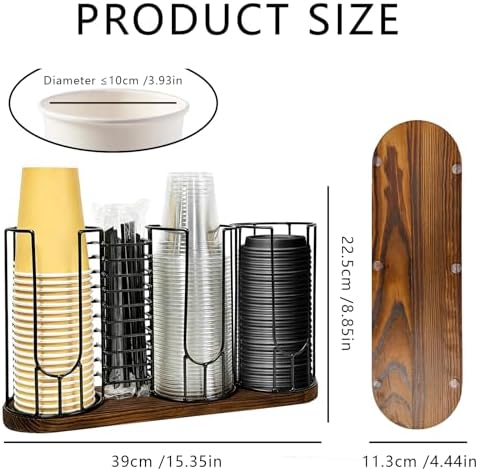 Coffee Cup Holder,18oz Cup and Lid Organizer, Cup Dispenser Rack with Wood Base, Suitable for Countertop Use, Kitchen, Coffee Bar，Storing Paper Cups, Straws, Lids, Tea Bags(4-Compartment) - Image 2