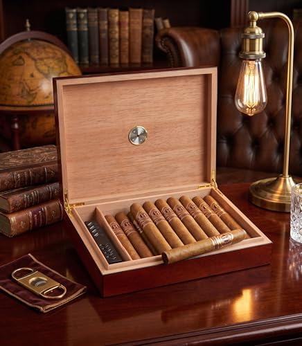 Humidor Cigar Box Holds 20 Cigars, Seal Lid Closure, Spanish Cedar Wood Travel Storage Cigar Case with Removable Divider, Humidifier and Golden Hygrometer, Gift for Man, Sapele Cherry Finish - Image 2