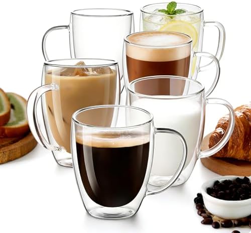 Etolies 6 Pack Double Walled Glass Coffee Mugs with Handle,12oz Borosilicate Glass coffee Cups - Insulated Clear Mugs for Espresso, Cappuccino, Latte, Tea Beverages, Drinking Glasses by Etolies