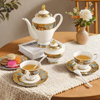 Luxury White & Gold Embossed Tea Cups and Saucers with Teapot, Sugar Bowl, & &Creamer, Vintage European Porcelain Coffee Set for Tea Party, Wedding, Gift (Turquoise&Gold, 17pcs/set) - Image 3
