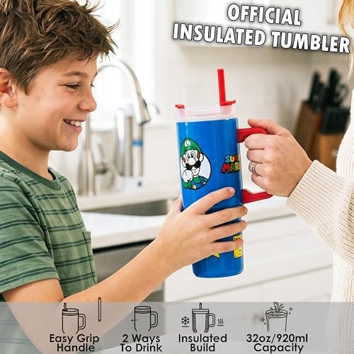 Get Trend Super Mario Tumbler with Handle and Straw 32 oz, Keeps Hot 8 Hrs, Cold 12H & Ice 42H, BPA-Free Insulated Stainless Steel Water Bottle, Travel Mug, Gamer Gifts (Blue Super Mario) - Image 2