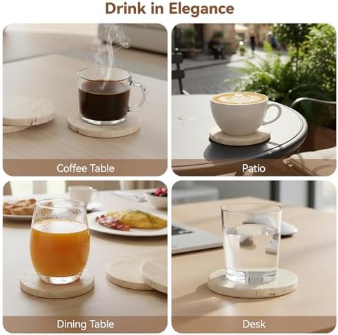 Travertine Marble Coaster Set of 8 with Holder, Neutral Beige Stone - Image 6