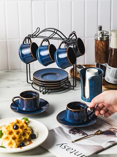 YHOSSEUN Espresso Cups Set of 6, 4 OZ Expresso Shots Cup with Sacuer, Blue - Image 3
