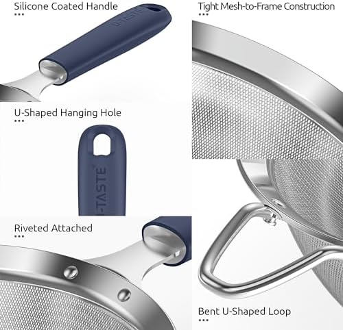 U-Taste 18/8 Stainless Steel 3.35in Medium Fine Mesh Strainer and 12.6in Stainless Steel Danish Dough Whisk (Midnight Blue) - Image 6