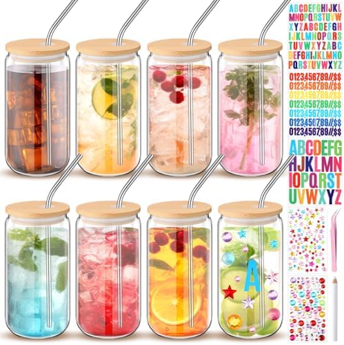 Plastic Mason Jar Cups with Lids and Straws, 16 oz, Clear, 8 Pcs by Yetene