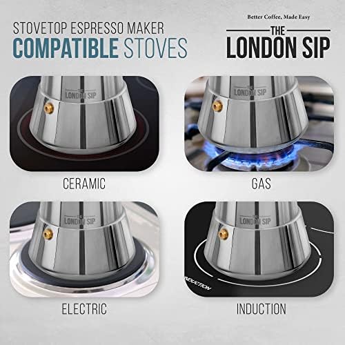 London Sip Stainless Steel Stovetop Espresso Maker Moka Pot Italian Coffee Percolator, Silver, 3 Espresso Cups - Image 6