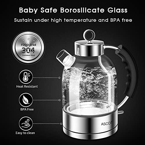 ASCOT Glass Electric Kettle, 1.5L Borosilicate Glass, 1500W, Silver - Image 3