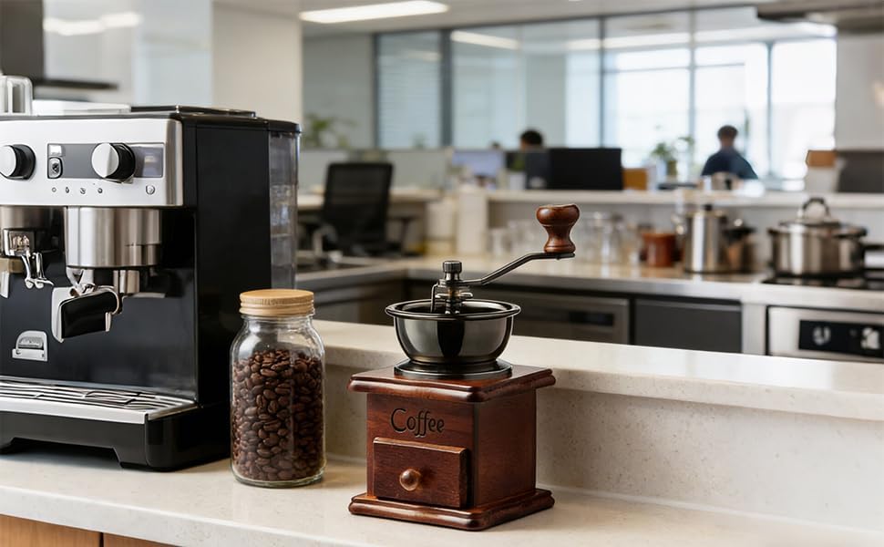 Retro Manual Coffee Grinder with Ceramic Burr Mill, Hand Crank Coffee Bean Grinder, Beech Wood Base and Catch Drawer, Adjustable Coarseness for Home, Office, Espresso, 3.7 x 3.7 x 6.7 in - Image 2