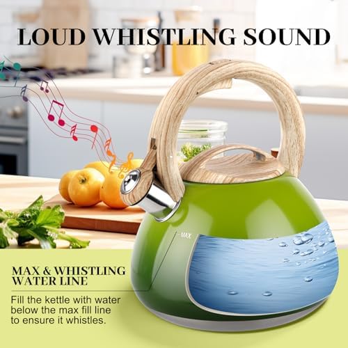 MARSKITOP Whistling Tea Kettle for Stove Top, 2.6 Quart Teapot for Stovetop, Stainless Steel Tea Pot for Stove with Wood Pattern Handle, Light Green - Image 2