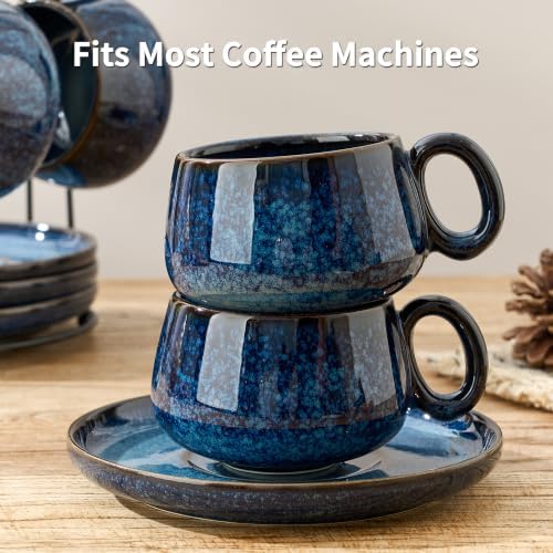 LUKA 7.77 oz Ceramic Cappuccino Cups with Saucers and Metal Stand, Set of 4 Large Unique Porcelain Coffee Cup for Latte, Cafe Mocha, Tea, Espresso, Dishwasher Safe, Reactive Glaze Bule - Image 4
