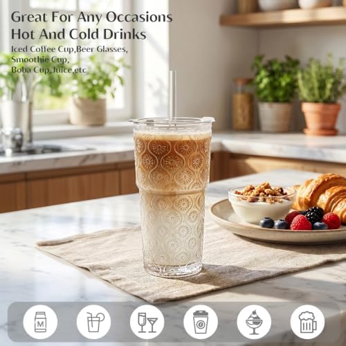INSETLAN 20 oz Iced Coffee Cups with Lids and Straw, Set of 4 Glass Tumbler - Image 2
