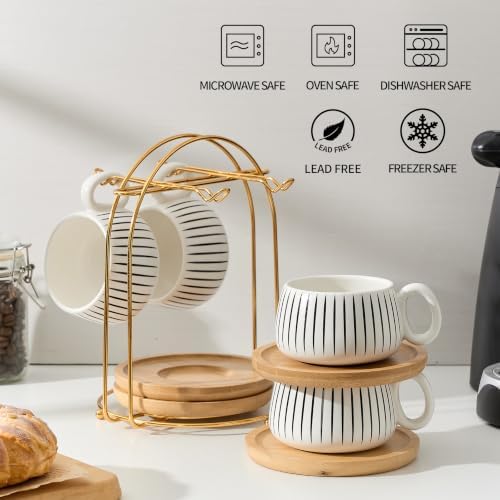 LUKA 7.77 oz Ceramic Cappuccino Cups with Bamboo Saucers and Metal Stand, Set of 4 Large Elegant Porcelain Coffee Cup for Latte, Cafe Mocha, Tea, Espresso, Dishwasher Safe, Stripe White - Image 6