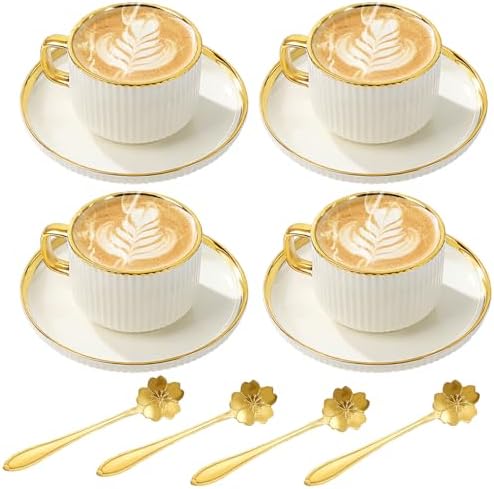 Coffee Cup and Saucer Set of 4, 5 oz Ceramic Espresso Cups Set by Hebaogugu