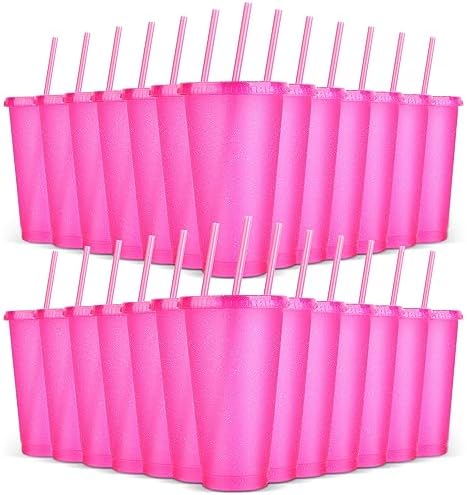 24 Pack Plastic Tumblers with Lids and Straw, Reusable Cups with Lids and Straws Colorful Cups for Cold Drink Iced Coffee, Plastic Tumbler Bulk for Party Birthday Gifts (24 oz, Pink) by LEIFEOSH