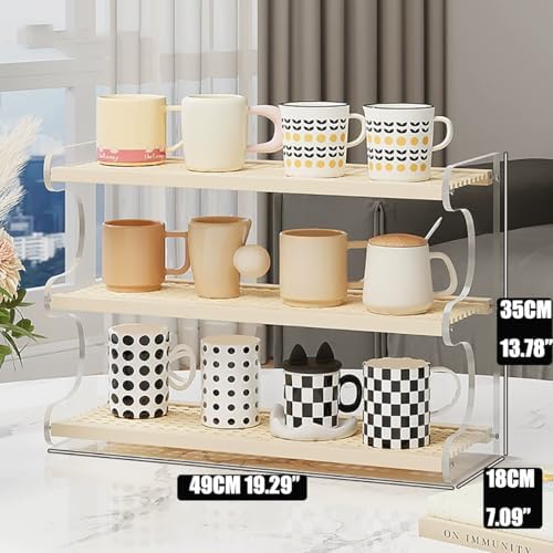 3-Tier Mug Holder Countertop,Wooden Rattan-Look Coffee Station Shelf, Cup Holder Mug Display Rack for Home Kitchen,White,19.29" - Image 2