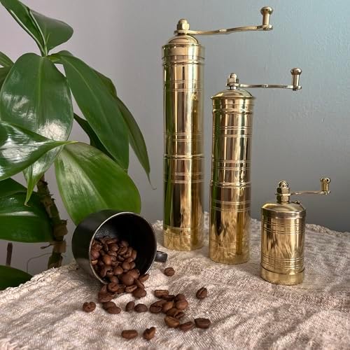 Turkish Coffee Grinder Set of 3 - Brass Manual Mill with Folding Handle and Adjustable Grind for Coffee Beans and Black Pepper Only, Not for Salt, 8.7, 7 and 3.3 Inch, Gold Kitchen Decor Gift - Image 4