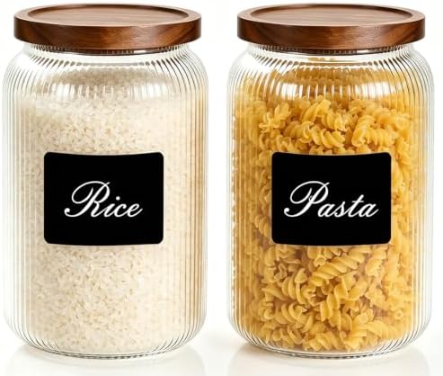 Large Glass Jar With Airtight Wooden Lids Set of 2-129OZ(3800ML) and 4 Kitchen pantry Labels, Clear Food Storage Containers for Rice, Flour, Pasta, Coffee, Sugar, Salt, Cookie. by PENGSHU