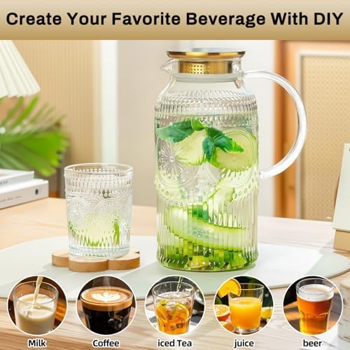 Buaic 2 PACK Glass Pitcher with Lid, 68 oz Vintage Water Carafe for Fridge - Image 5
