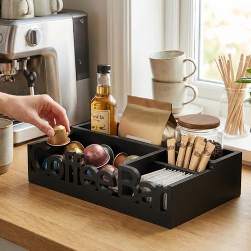 Coffee Bar Organizer Countertop,Wood Caddy with Compartments for Pods,Black - Image 6