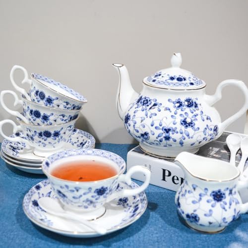 Bone China Tea Set, 21-Pieces Porcelain Tea Set for Adults, Tea Cups And Saucers for 6, with Teapot, Spoons, Sugar Bowl, Creamer Pitcher, Vintage Tea Set for Women Tea Party,Gift Box (Blue) - Image 2