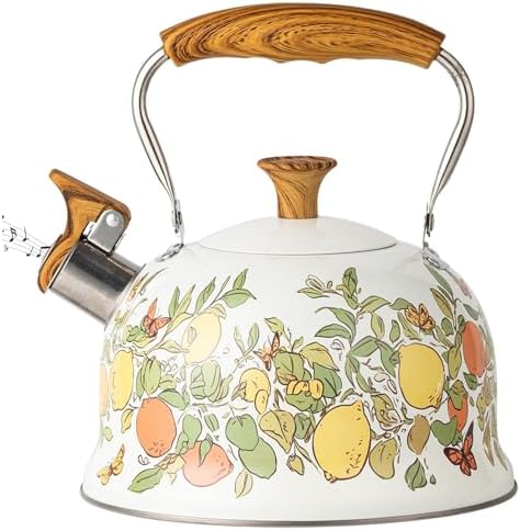 Stove Top Tea Kettle, 3L Stainless Steel Lemon Pattern Whistling Kettle with Anti-Hot Foldable Handle for Tea and Coffee, Stainless Steel Kettles by NewGtuizi