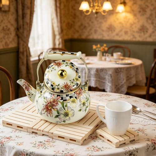 Floral Enamel Tea Kettle Bohemian Vintage Teapot Hot Water Coffee Kettle Pot 2.5L Porcelain Beige Colorful Rustic Tea Pot for Stovetop Hot Water Kitchen Decor - Image 7