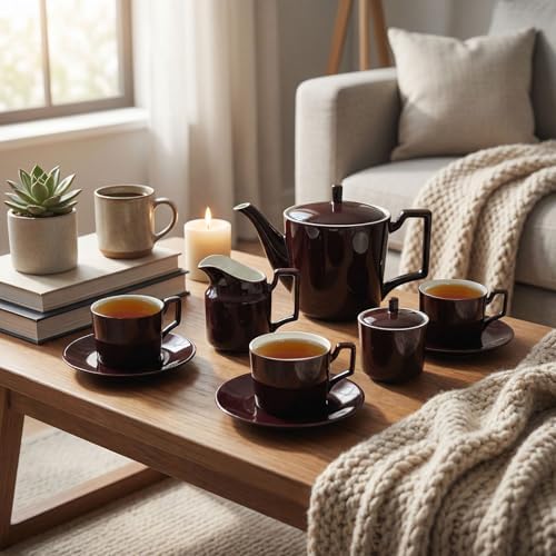 Brown English Tea Set with Teapot, Cups, Sugar & Creamer Set - Image 5